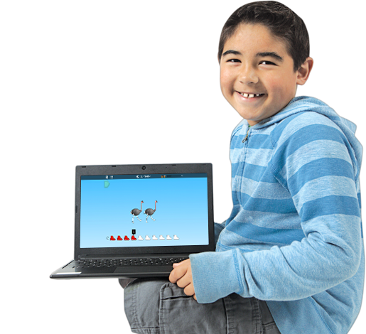 Student holding laptop with sample ST Math screen for ST Math Elementary Math Program